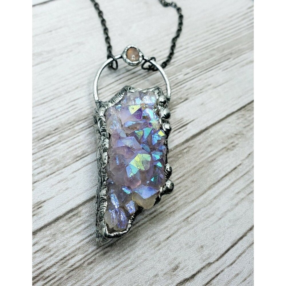 Amethyst Angel Aura Rainbow and Moonstone Crystal Necklace